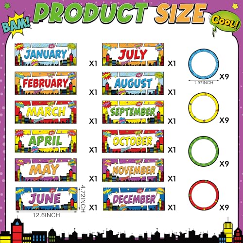 Zonon 48 Pcs Months of The Year Bulletin Board Set 12 Classroom Holiday Monthly Headliners with 36 Confetti Cutouts Seasonal Monthly Bulletin Board Borders Decoration for Classroom(Hero Style) - style: Hero Style