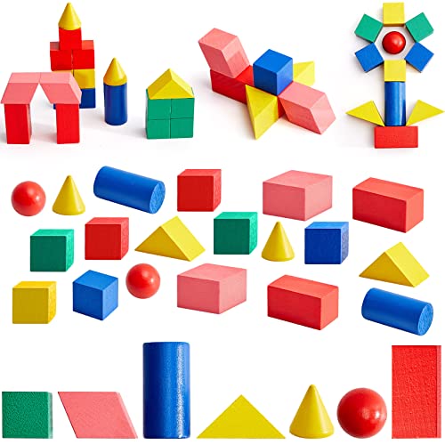 Deekin 70 Pcs Wood Geometric Solid Mini 3D Shapes Wooden Block Bulk Montessori Toys Manipulatives Elementary Shape Block for Preschool Learning Geometry Math Kindergarten Teaching Classroom