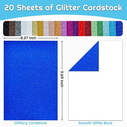 20 Sheets 20 Colors Glitter Cardstock A4 250 GSM Shiny Glitter Paper Premium Sparkly Card Stock for Holiday Crafts Cricut Card Making Scrapbooking DIY Art Projects Supplies