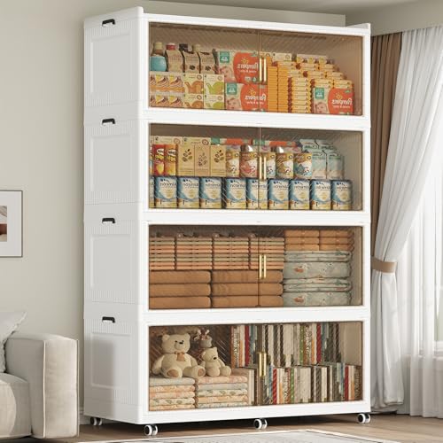 800QT Storage Bins with Lid Extra Large Stackable Closet Organizer Plastic Container Box, 200Gal 4-Tier Collapsible Cabinet with Wheels and Doors for Living Room Kitchen Office Dorm, White - color: White Brown, size: 200QT-4Pack