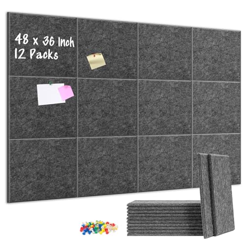 DOLLAR BOSS Felt Cork Board Tiles 48"x36" Bulletin Board, 12 Pcs Dark Grey | 1/2" Thick, Self Adhesive, Acoustic Soundproof Panels for Walls, Includes 120 Pushpins, For Home Office Kitchen School - color: Grey, size: 12 PCS