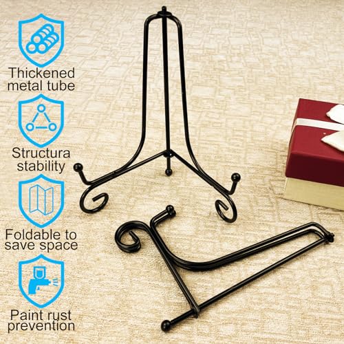 HENABLE 4PCS Premium Black Iron Plate Stands for Display 6 Inch, Decorative Solid Metal Plate Holders for Displaying, Mini Easel, Frame, Book, Card, Plaque, Bowl, Picture Stands for Display - size: 4PCS 6IN