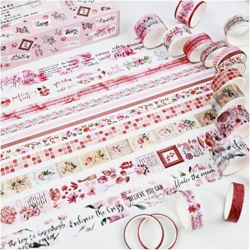 Washi Tape Set, 20 Rolls, Floral Washi Tape for Journaling, Decorative Tape for Scrapbooking, Junk Journal Supplies, Bullet Journaling, 5 Assorted Widths - style: 20 Rolls Pink Memory Washi Tape Set