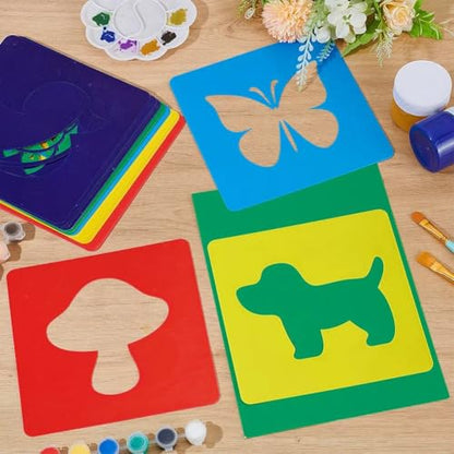 CUTHOLLOW 24 PCS Painting Stencils Sets, 8 Inch Reusable & Washable Plastic Drawing Template Sidewalk Chalk Art Stencils Kit with Animals Fruit Plant Themed Primary Shape for Craft Room Wall Paper - style: 24pcs-Animal&Fruit&Plant