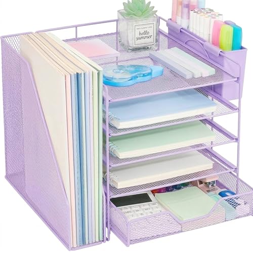 Desk Organizers and Accessories, 5-Tier Paper Letter Tray Organizer with File Holder, Drawer & Pen Holder, Office Desk Accessories, Desktop Organizer for Classroom Office Supplies, Purple - color: Purple