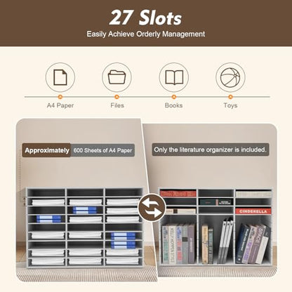 Literature Organizer, 27 Slots Wooden Mailbox for Classroom, Countertop Literature Sorter with Adjustable Shelves, Office Mailbox Cubbies, White Student Mailboxes for Home Office School