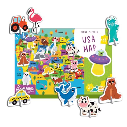 Dinomini Giant USA Map Puzzle for Kids - with Interactive Standing Figures - Floor Puzzles for Kids Ages 3-5 - Preschool Learning Activities - Learning & Educational Toys - color: Usa Map