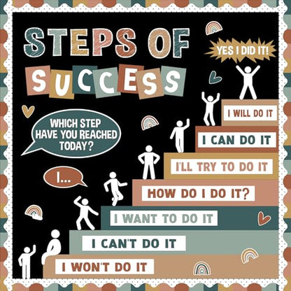 Motivational Bulletin Board Decorations Set Back to School Positive Classroom Decor Steps of Success Paper Cutouts Educational Sayings Accents for School Door Wall Chalkboard Decor Supplies (Boho) - style: Boho
