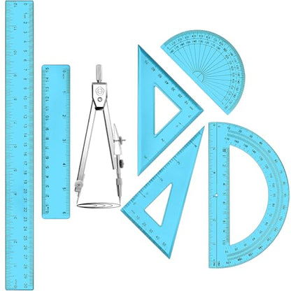 Zonon 7 Pcs Geometry Kit with Drawing Compass, 6 & 4 Inch Protractors, 45/60 Degree Triangle Rulers, 12 & 6 Inch Straight Rulers, Transparent Math Drafting Tools for Student School, Office(Blue) - color: Blue