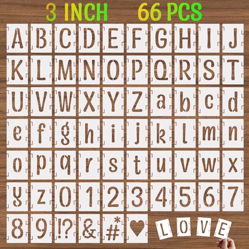 3 Inch Alphabet Letter Stencils, 66 Pcs Reusable Plastic Letter Number Symbol Interlocking Drawing Template Kit for Painting on Wood, Wall, Glass, Fabric, Signage, Door Porch - size: 3 Inch