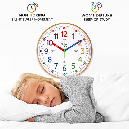 Oyster&Pop Kids Clock - Silent 10" Analog Clock, Learning Wall Clocks - Award-Winning Telling Time Teaching Clock for Kids - Bedrooms Homeschool & Classrooms - Includes eBook - color: Rainbow, size: 10 inch
