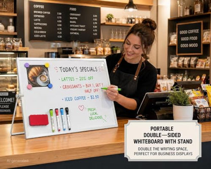 MXG Double Sided Magnetic Small White Board with Stand | 12x16 Inch Portable Mini Dry Erase Board with Markers, Eraser & Magnets 360 Rotatable & Adjustable for Office, Home, School - size: 12"W x 16"H