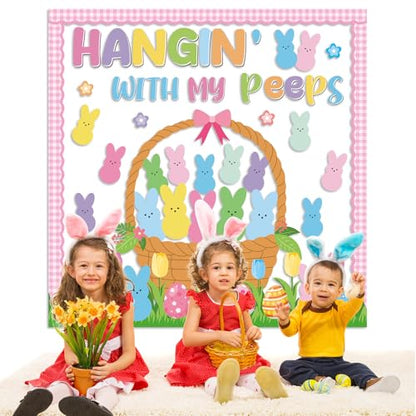 Spring Easter Bunny Bulletin Board Decorations Set Hangin with My Bunny Bulletin Board Classroom Decorations Easter Bunnies Egg Basket Paper Cutouts for Church Sunday School Chalkboard Wall Decor - style: Pink Easter