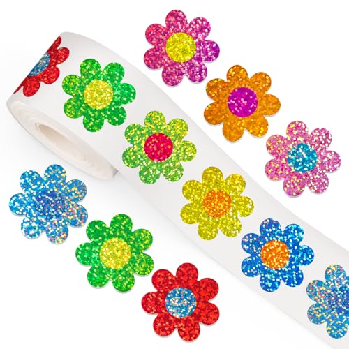 Whaline Spring Flower Stickers Roll Holographic Seal Stickers Sparkly Colorful Daisy Floral Self-Adhesive Decals for Birthday Holiday Envelope Journal Decor, 500 Pcs - style: Colorful Flower