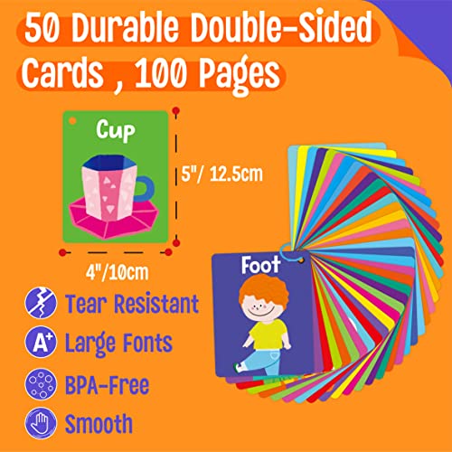 50 PCS Kid First Cognitive Flashcards,Double Sided Printed 7 in 1 Colorful Cards Alphabet,Numbers, Foods,Animals,Shapes,Colors with 3 Reclosable Rings,Learning Tool for Pre-K Kindergarten Toddlers - style: Cognitive Flashcards