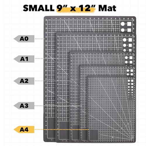Mandala Crafts Self-Healing Cutting Mat Set – 9" x 12" A4 Black Gray Double-Sided 5-Ply Mat with Fabric Cutter, Quilt Ruler & Craft Knife for Sewing, Quilting, Leather & Scrapbooking - color: Black Combo, size: 9 x 12 Inches Mat Combo