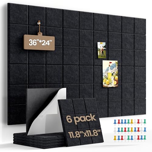 36" x 24" Large Black Cork Board Alternative - 6 Pack Felt Bulletin Board with 30 Push Pins, Felt Wall Tiles Pin Board for Walls Office Home School Decor, Aesthetic Cork Squares, Black - color: Black, size: 6 Pack