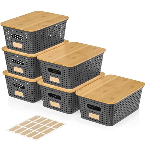 6Pcs Storage Bins with Lids, Stackable Plastic Storage Basket with Bamboo Lid, Pantry Organizer Box Small Containers for Organizing Shelves Drawer Desktop Closet Cabinet Office Classroom 10x7.1x4.1in - color: Gray