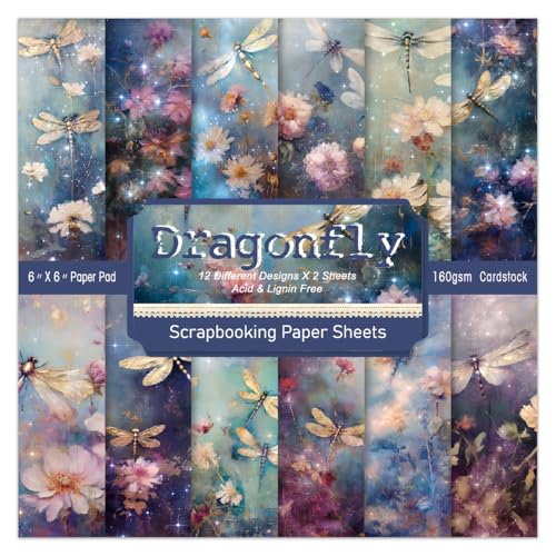 6 x 6 In Dragonfly Scrapbooking Paper Pad, 24 Sheets Floral Pattern Design Cardstock Decorative Decoupage for Photo Album Card Making Folded Supplies Gift Wrapping Junk Journals Crafts