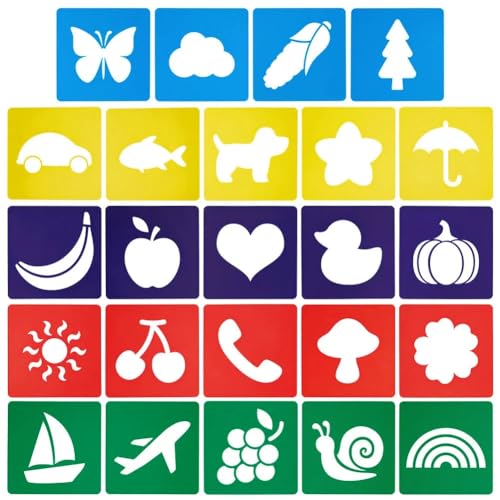 CUTHOLLOW 24 PCS Painting Stencils Sets, 8 Inch Reusable & Washable Plastic Drawing Template Sidewalk Chalk Art Stencils Kit with Animals Fruit Plant Themed Primary Shape for Craft Room Wall Paper - style: 24pcs-Animal&Fruit&Plant