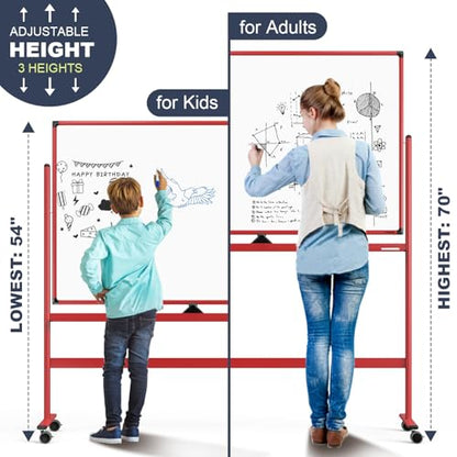 Rolling Whiteboard, 48x32 Inches Dry Erase Board with Stand, Magnetic Mobile Whiteboard on Wheels, Standing White Board for Office, School, Home, Large Double Sided White Board with Paper Pad - color: Red, size: 48"x32"