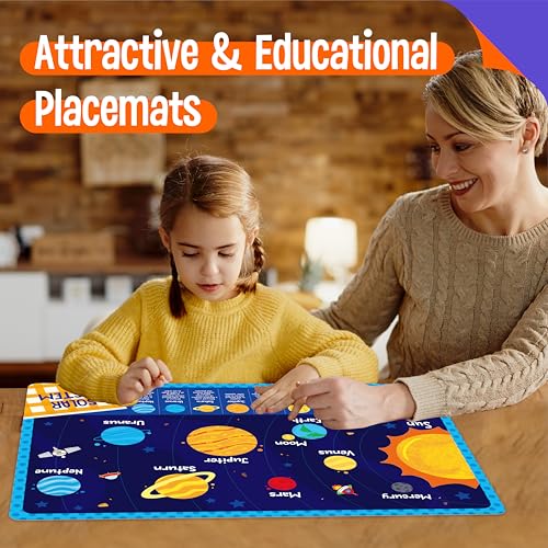 4 Pack Placemats for Kids, Non-Slip Washable Table Mats, Double-Sided Reusable Universe, Alphabet, Numbers, Map of USA & World Educational Placemats for Home, Kindergarten, Classroom, Nursery - style: Basic Cognition-Double-Sided