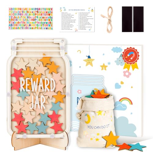 Magnetic Star Reward Jar for Kids, Personalized Reward System for Behavior Management at School Classroom Home Wooden Boho Potty Training Jar for Toddlers Students - style: Star