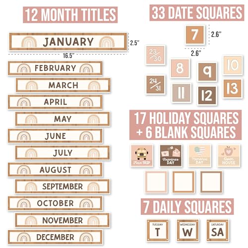 Hadley Designs Classroom Calendar Set Bulletin Board Decorations - Boho School Calendar for Classroom Decor, Kindergarten Preschool Elementary Teacher Must Haves, Homeschool & Daycare Essentials - style: Boho Neutral