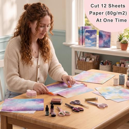 12 Pcs Scrapbook Supplies Kit - Pink Paper Trimmer, 3-in-1 Corner Rounder, 6 Decorative Scissors & 4 Double-Sided Tapes, Tools Set for Paper Craft Scrapbooking & Card Making