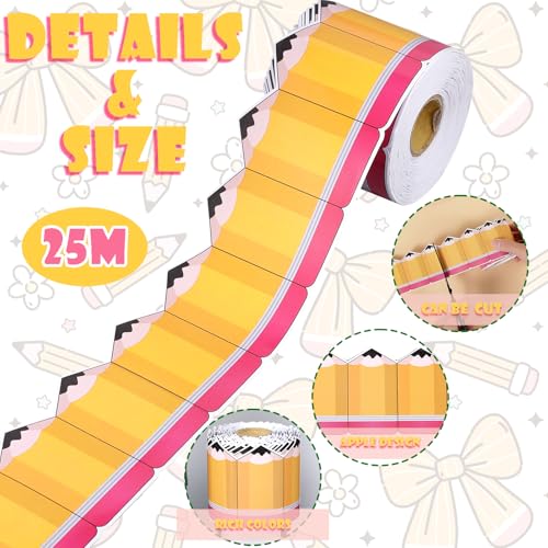 82Ft Back to School Bulletin Board Border, 1 Roll Pencil Pattern Trim Border Non-Stick Border Roll for Preschool Classroom Chalkboard Bulletin Board School Opening Wall Window Door Decor