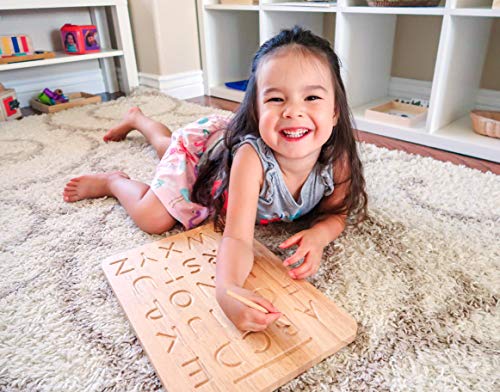 Montessori & Me Wood Alphabet Tracing Board Montessori Letters - Wooden Large Print Letters for Toddler to Preschool - Reversible Uppercase and Lowercase