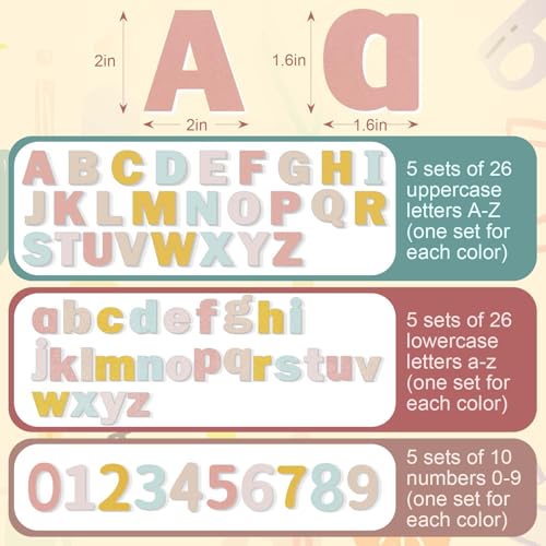Breling 310 Pieces Felt Letter Bulletin Board Letters Sticker with Number 2" Bulk Self Adhesive ABC Upper Lowercase Sticky Letter for Xmas Gift Bulletin Board Classroom(Boho Color) - color: Boho Color