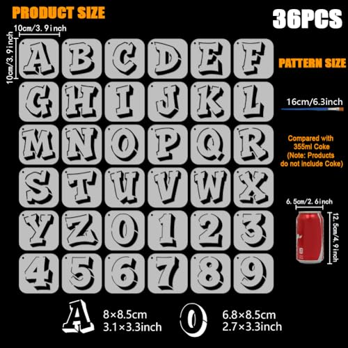 FINGERINSPIRE 36PCS Graffiti Doodle Letters and Numbers Stencils with 1Pc Plastic Brush 3.9x3.9inch Graffiti Letters Stencil Decorative Numbers Stencil Decorative Template for Painting on Wall Wood