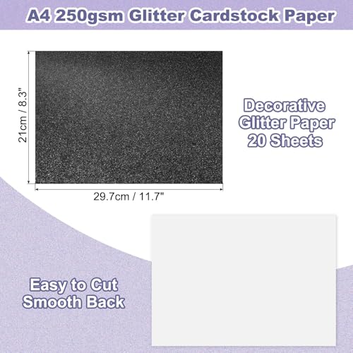 PATIKIL 20Sheets Black Glitter Cardstock, 8.3x11.7 in A4 Glitter Paper Card Stock Shiny Scrapbook 250gsm Sparkly Paper Large Shimmer for Crafts Scrapbook DIY Art Wedding Party - color: Black, size: 8.3x11.7 In