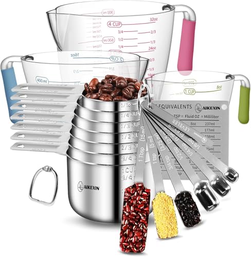 AIKEXIN 20 PCS Measuring Cups & Spoons Set, for Cooking & Baking Gadgets | 18/10 Stainless Steel, Metal Material | Nesting, Stackable Design | Dry & Liquid | Plastic | Leveler, Conversion Chart - style: Rectangular Spoons Set