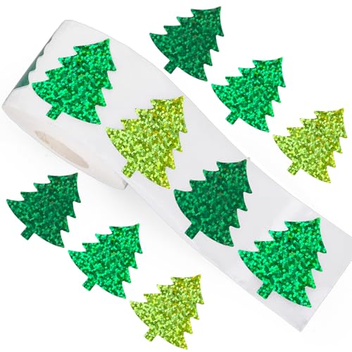 Whaline Christmas Tree Stickers Roll Holographic Xmas Pine Tree Seal Stickers 3 Colors Green Waterproof Self-Adhesive Decals for Envelope Journal Decor Party Supplies, 500Pcs - style: Christmas Tree