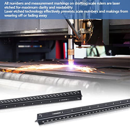 Architectural and Engineering Scale Ruler Set, Imperial Measurements 12'', Black Laser-Etched Aluminum Architect Triangular Ruler for Architects, Students, Draftsman, and Engineers - style: Black-A&E