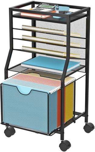 BOHDK Rolling File Cart, 6-Tier Desk File Organizer on Lockable Wheels, Black Wood Planks & Mesh Sliding Hanging Folder Drawer, Organization Cart for Office Home School - color: Black