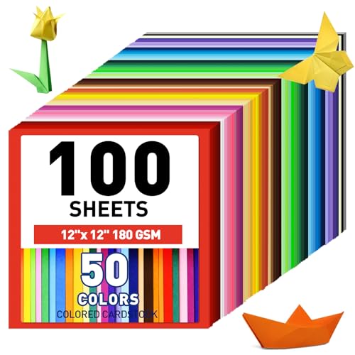 MAXECHO 12" x 12" Colored Cardstock 100 Assorted Sheets in 50 Colors, 180 GSM (65 lb) Bulk Construction Paper, Printer Friendly Card Stock for Printing & Making, DIY Crafts, Cricut, School Supplies - color: Multicolor, size: 12inch x 12inch, 100 Sheets