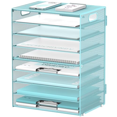 DALTACK 9-Tier Paper Organizer for Desk, Mesh Letter Tray Desk Organizer with Handles, Space-Saving File Organizer for Office Home School, Blue - color: Desk Organizer Blue