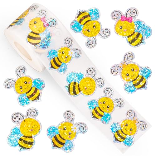 Whaline Bee Stickers Roll Holographic Bumble Bee Seal Stickers Cartoon Animal Waterproof Self-Adhesive Decals for Jars Bottle Scrapbook Journal Spring Summer Birthday Classroom, 500 Pcs - style: Bee