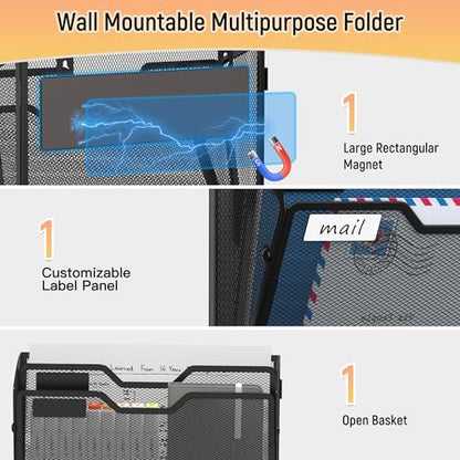 Docnest 2 Tier 3 Pack Magnetic Wall Mounted File Holders,Mesh Letter Organizer, Magnetic Hanging Mail Paper Document Organizer for Office, Home, School, Black - color: 2 Tier Magnetic Black-3 Pack