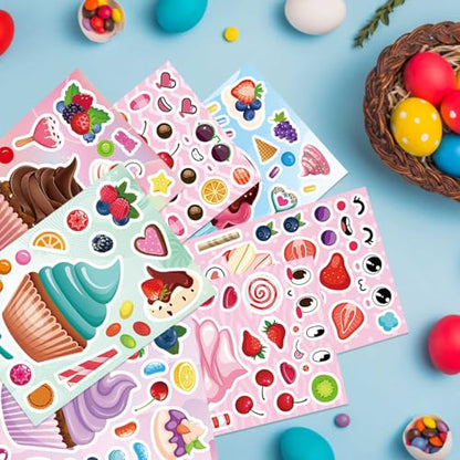 24 Sheets Make Your Own Cupcake Stickers for Kids - Make-a-Face Sticker, Dessert Stickers Mix and Match Sweets Fruit & Teacher Reward Supplies, Birthday Gifts - style: Cupcake