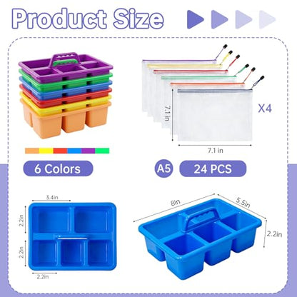 6 Pack Multiuse Caddy Organizer - Classroom Caddy with Handle & 5 Compartments, Portable Plastic Table Caddies Holder for Teacher, Desk, Art, School Supply Storage for Markers, Crayons