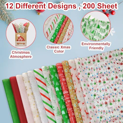 AORZIT 20x20 Inch Tissue Paper - Xmas Gift Wrapping Paper Bulk 50 Pack, 5 Assorted Designs for Gift Wrapping Boxes, DIY Crafts, Birthday & Holiday Decoration