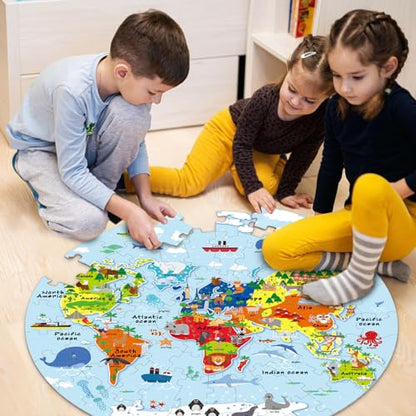 2 Sets World Puzzle United States Map Puzzle with Poster World and US Geography Jumbo Round Floor Puzzles Jigsaw for Kids Ages 3-5 Educational Learning Toys Puzzles Valentines Birthday Gift 70 Pieces