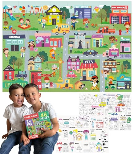Floor Puzzles for Kids Ages 3-5 4-6 Educational 48 Piece City Jobs Theme with 2 Giant Coloring Posters Preschool Learning Toy Boosts Focus Creativity Screen Free Play Family Time Fun - style: JOBS IN THE CITY