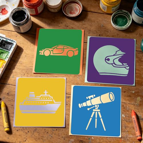 CUTHOLLOW 25PCS Racing and Space Elements Painting Shape Stencils Sets - 8 Inch Reusable&Washable Drawing Template, Different Primary Themed Sidewalk Chalk Art Stencils Kit for Craft Room Wall Paper - style: Racing and Space Elements