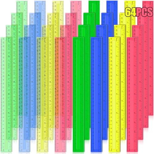 Ruler, 64 Packs 12 Inch Clear Plastic Rulers Bulk for Classroom, Transparent Assorted Color Ruler with Centimeters and Inches, Metric Rulers for Kids, Ideal Back to School Office Home Supplies