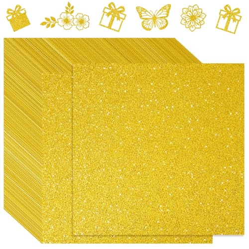 Kisston 50 Pcs 12" x 12" Bright Gold Glitter Cardstock Paper No-shed Card Stock Paper 300 GSM(110 lb) Heavyweight Cardstock Glitter for Crafts Sparkly for Card Making DIY Art Projects Scrapbook - color: Bright Gold, size: 300 Gsm